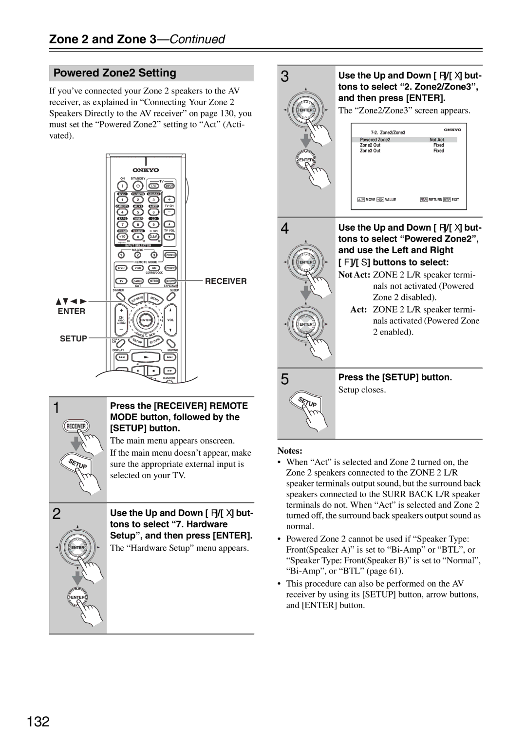 Onkyo TX-SR876 instruction manual 132, Powered Zone2 Setting, Tons to select 2. Zone2/Zone3, Zone2/Zone3 screen appears 