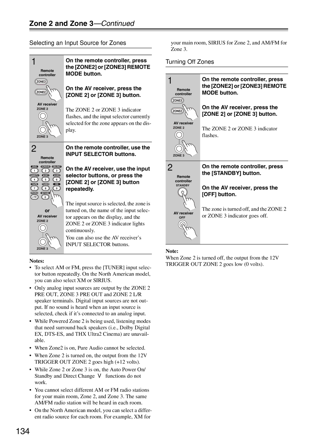 Onkyo TX-SR876 instruction manual 134, Selecting an Input Source for Zones, Turning Off Zones, OFF button 