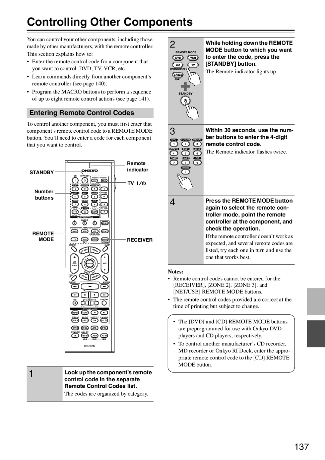 Onkyo TX-SR876 instruction manual Controlling Other Components, 137, Entering Remote Control Codes 