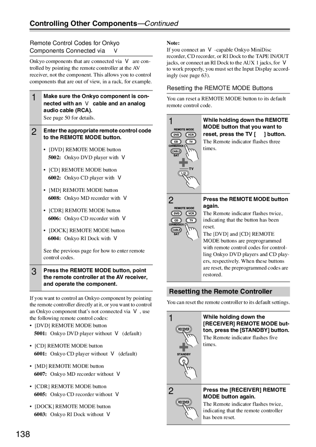 Onkyo TX-SR876 138, Controlling Other Components, Resetting the Remote Controller, Resetting the Remote Mode Buttons 