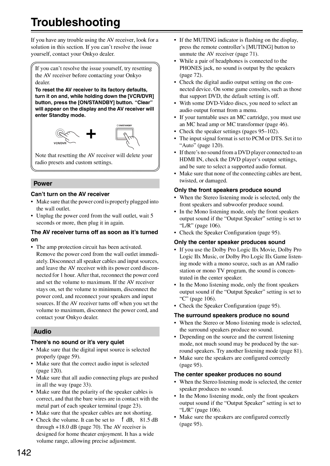 Onkyo TX-SR876 instruction manual Troubleshooting, 142 