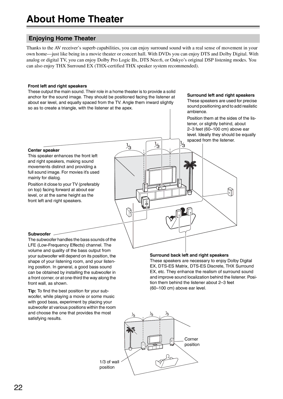 Onkyo TX-SR876 instruction manual About Home Theater, Enjoying Home Theater, Front left and right speakers 