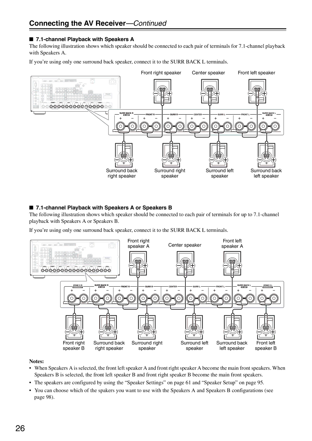 Onkyo TX-SR876 instruction manual Channel Playback with Speakers a or Speakers B 