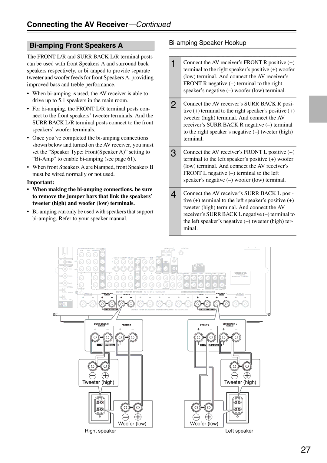 Onkyo TX-SR876 instruction manual Bi-amping Front Speakers a, Bi-amping Speaker Hookup 