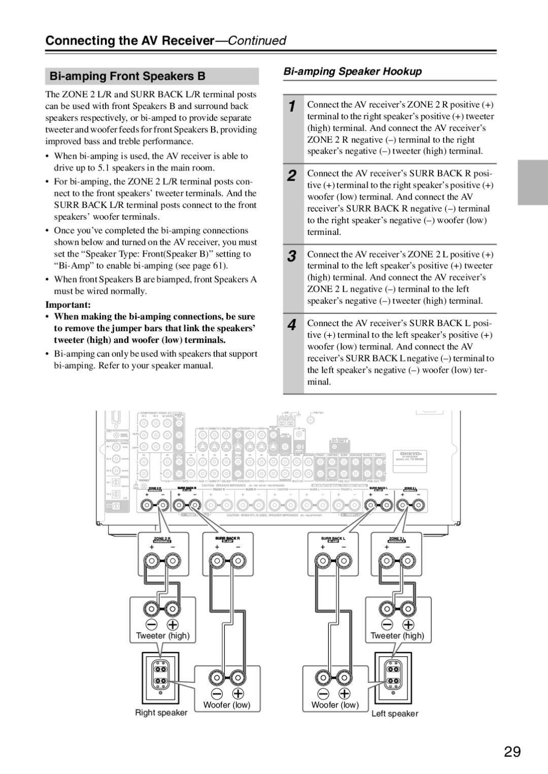 Onkyo TX-SR876 instruction manual Bi-amping Front Speakers B 