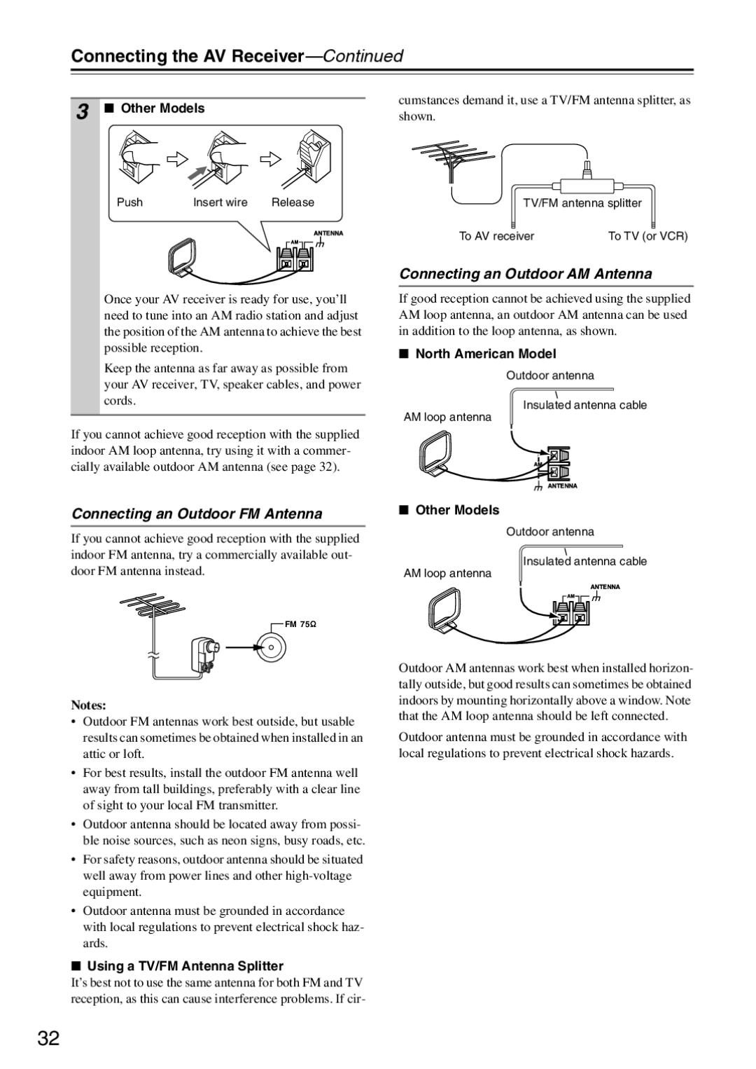 Onkyo TX-SR876 Connecting an Outdoor FM Antenna, Connecting an Outdoor AM Antenna, Using a TV/FM Antenna Splitter 