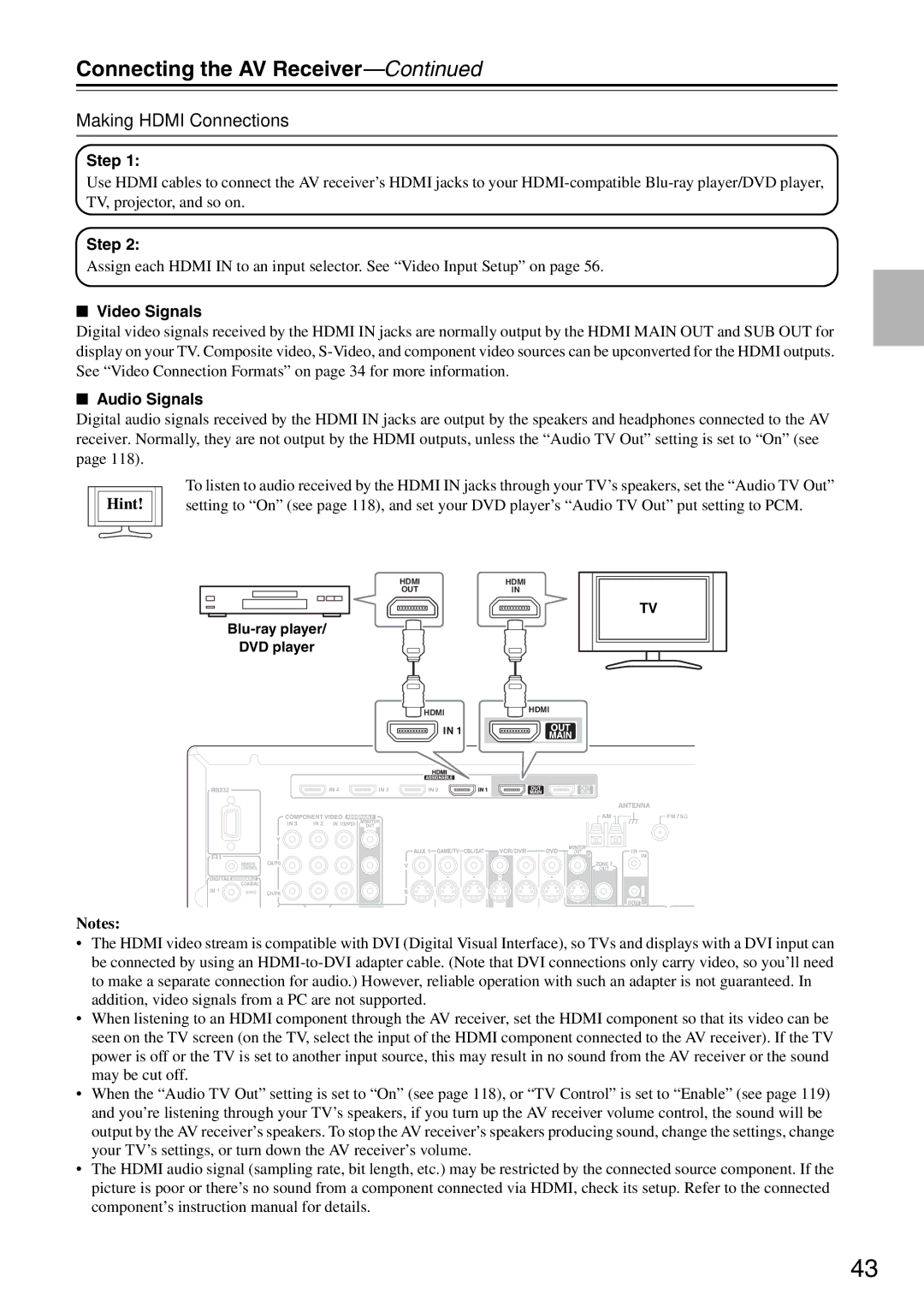 Onkyo TX-SR876 instruction manual Making Hdmi Connections, Step, Video Signals, Audio Signals, Blu-ray player DVD player 