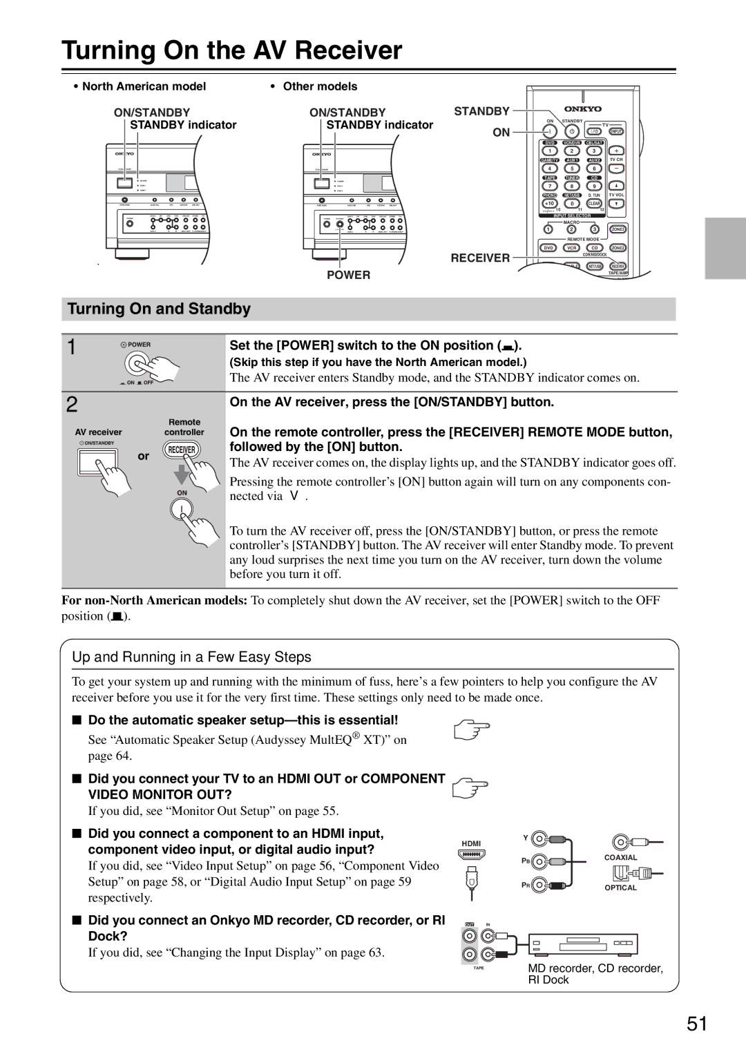 Onkyo TX-SR876 instruction manual Turning On the AV Receiver, Turning On and Standby, Up and Running in a Few Easy Steps 