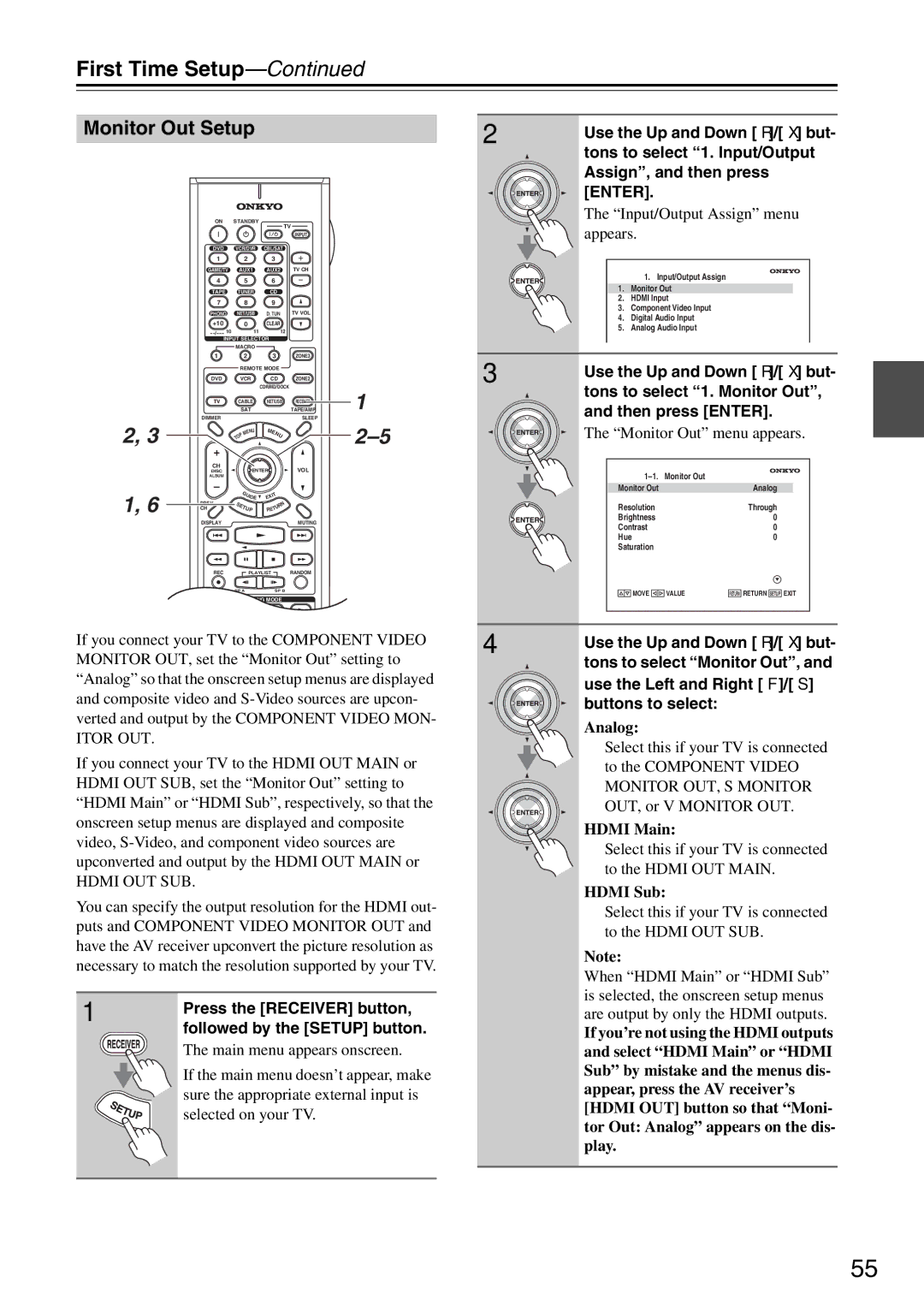 Onkyo TX-SR876 instruction manual Monitor Out Setup, Input/Output Assign menu appears, Monitor Out menu appears 