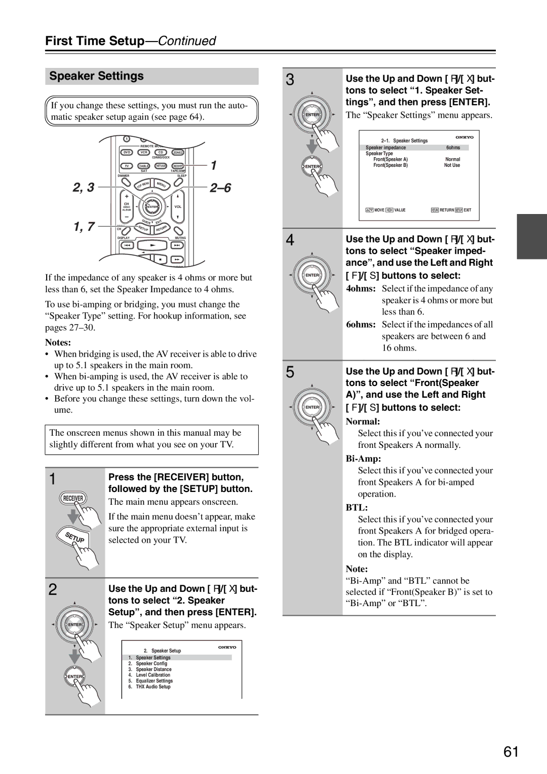 Onkyo TX-SR876 instruction manual Matic speaker setup again See, Speaker Settings menu appears, Normal, Bi-Amp 