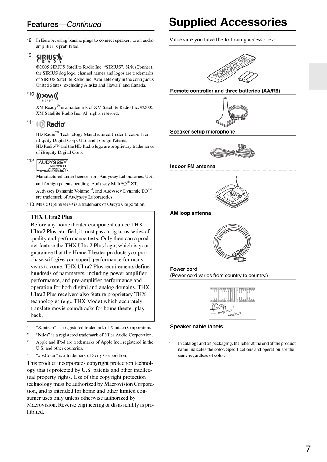 Onkyo TX-SR876 Supplied Accessories, THX Ultra2 Plus, Make sure you have the following accessories, Speaker cable labels 