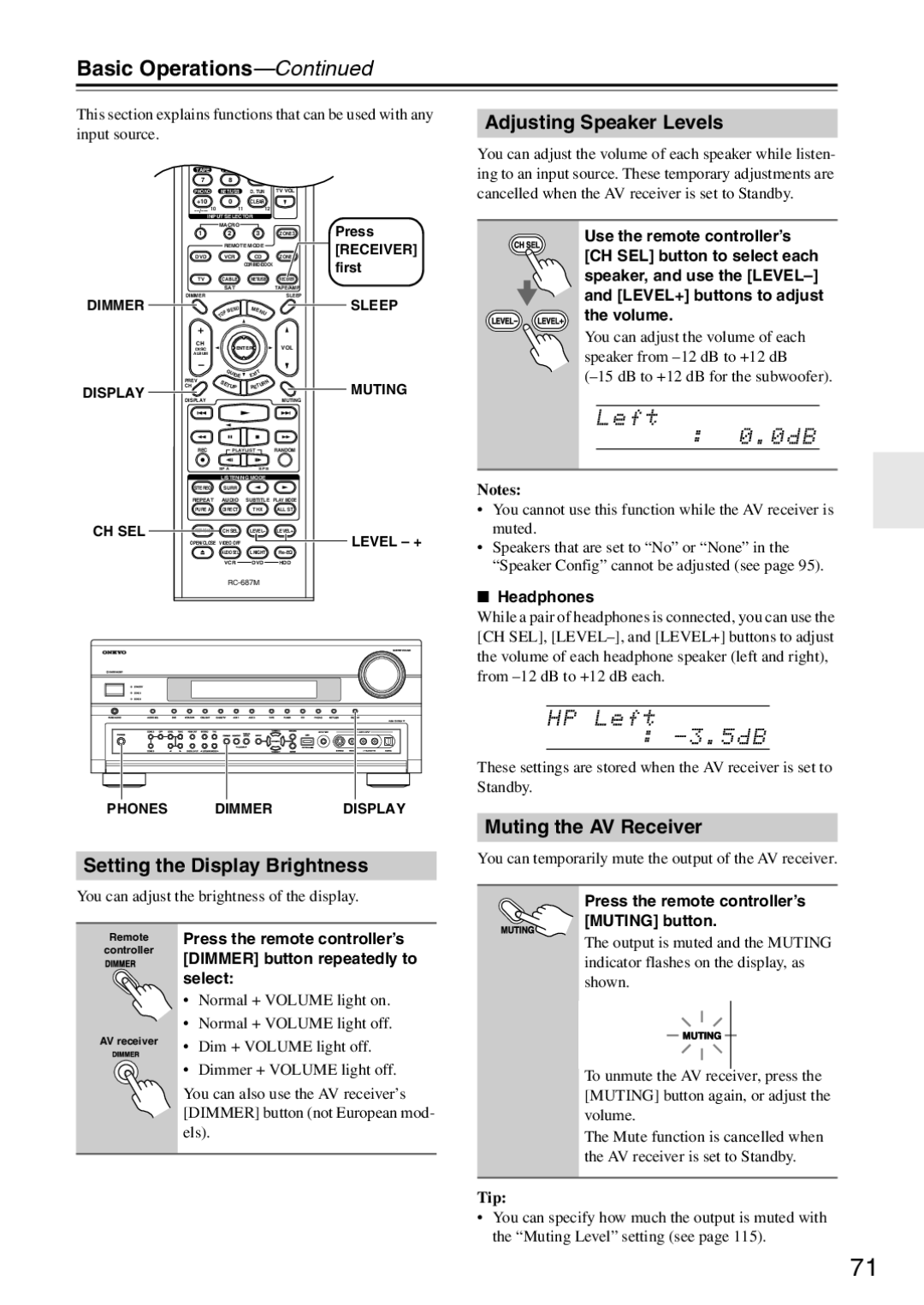 Onkyo TX-SR876 Basic Operations, Setting the Display Brightness, Adjusting Speaker Levels, Muting the AV Receiver 