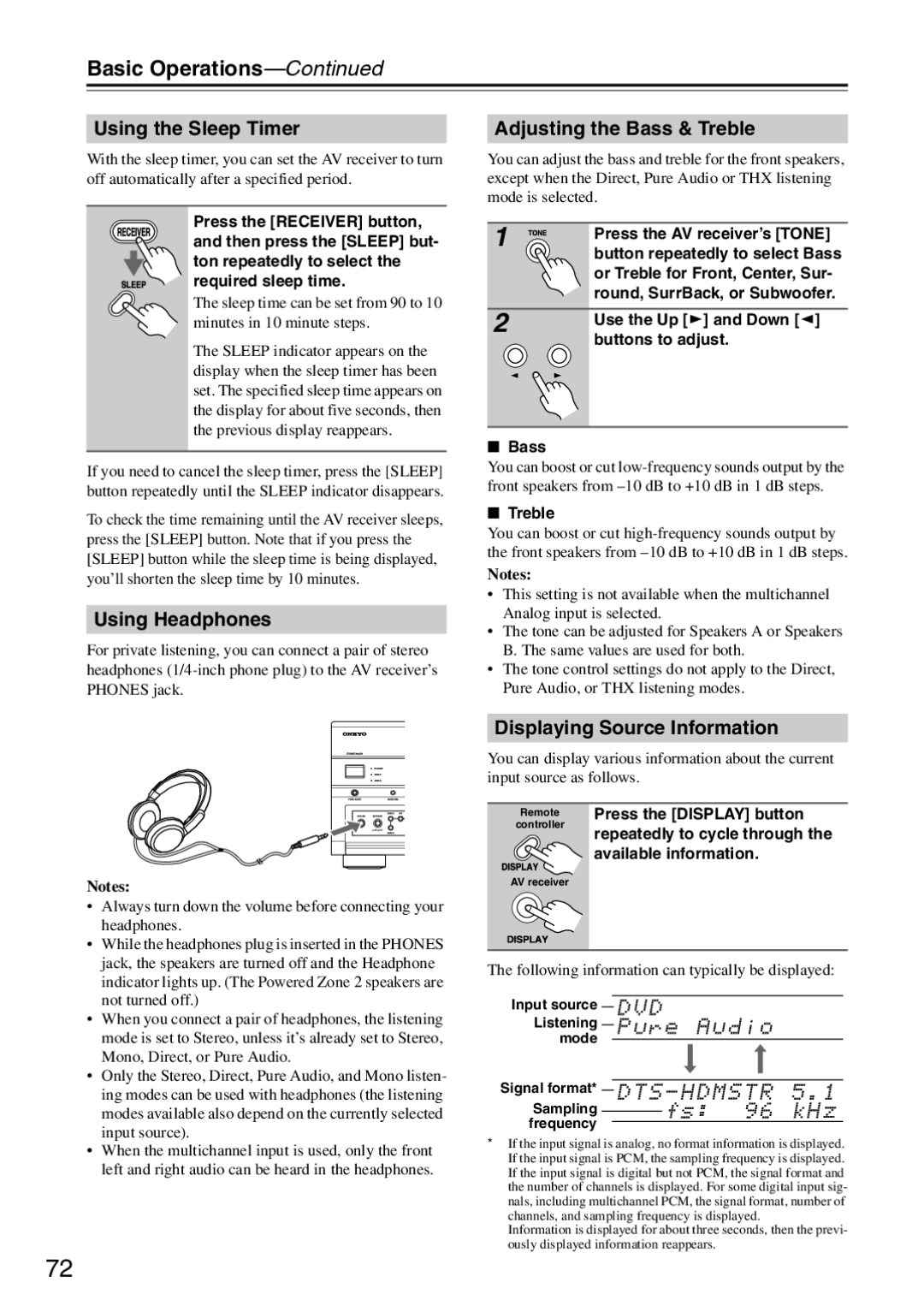 Onkyo TX-SR876 Using the Sleep Timer, Using Headphones, Adjusting the Bass & Treble, Displaying Source Information 