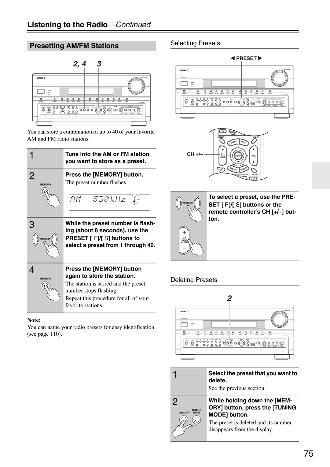 Onkyo TX-SR876 instruction manual Presetting AM/FM Stations, Selecting Presets, Deleting Presets 