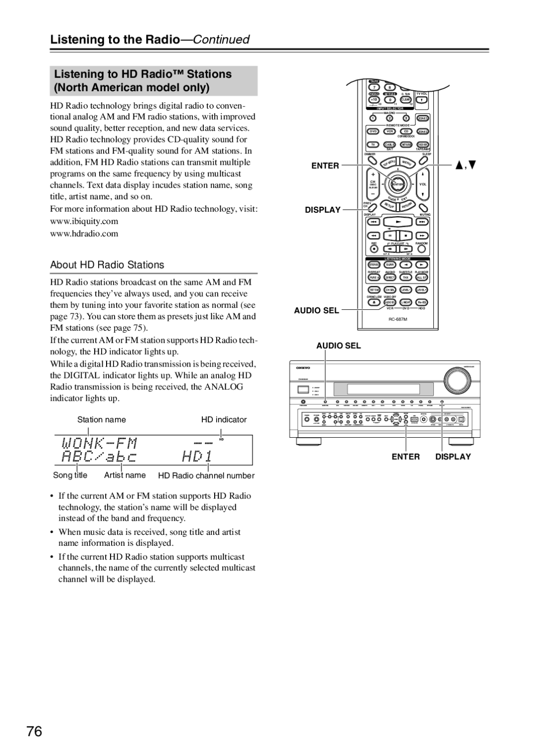 Onkyo TX-SR876 instruction manual Listening to HD Radio Stations North American model only, About HD Radio Stations 