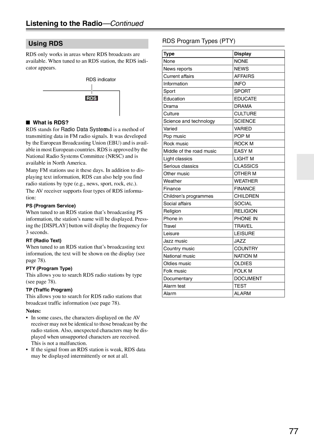 Onkyo TX-SR876 Using RDS, RDS Program Types PTY, What is RDS?, This allows you to search RDS radio stations by type see 