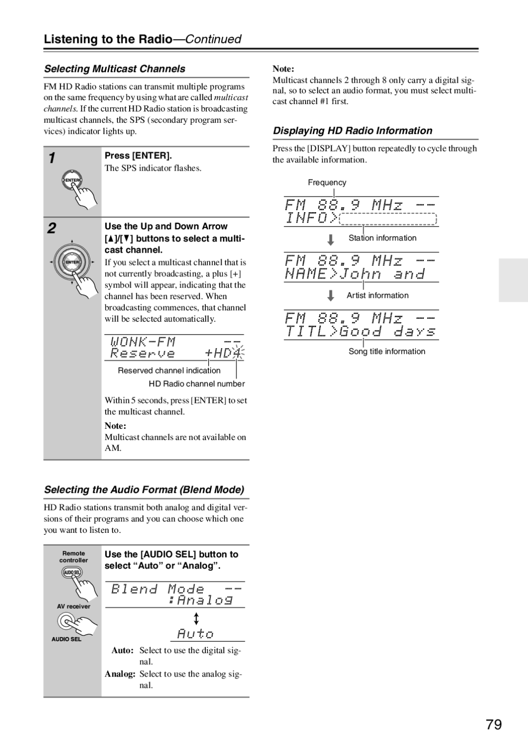 Onkyo TX-SR876 Selecting Multicast Channels, Selecting the Audio Format Blend Mode, Displaying HD Radio Information 