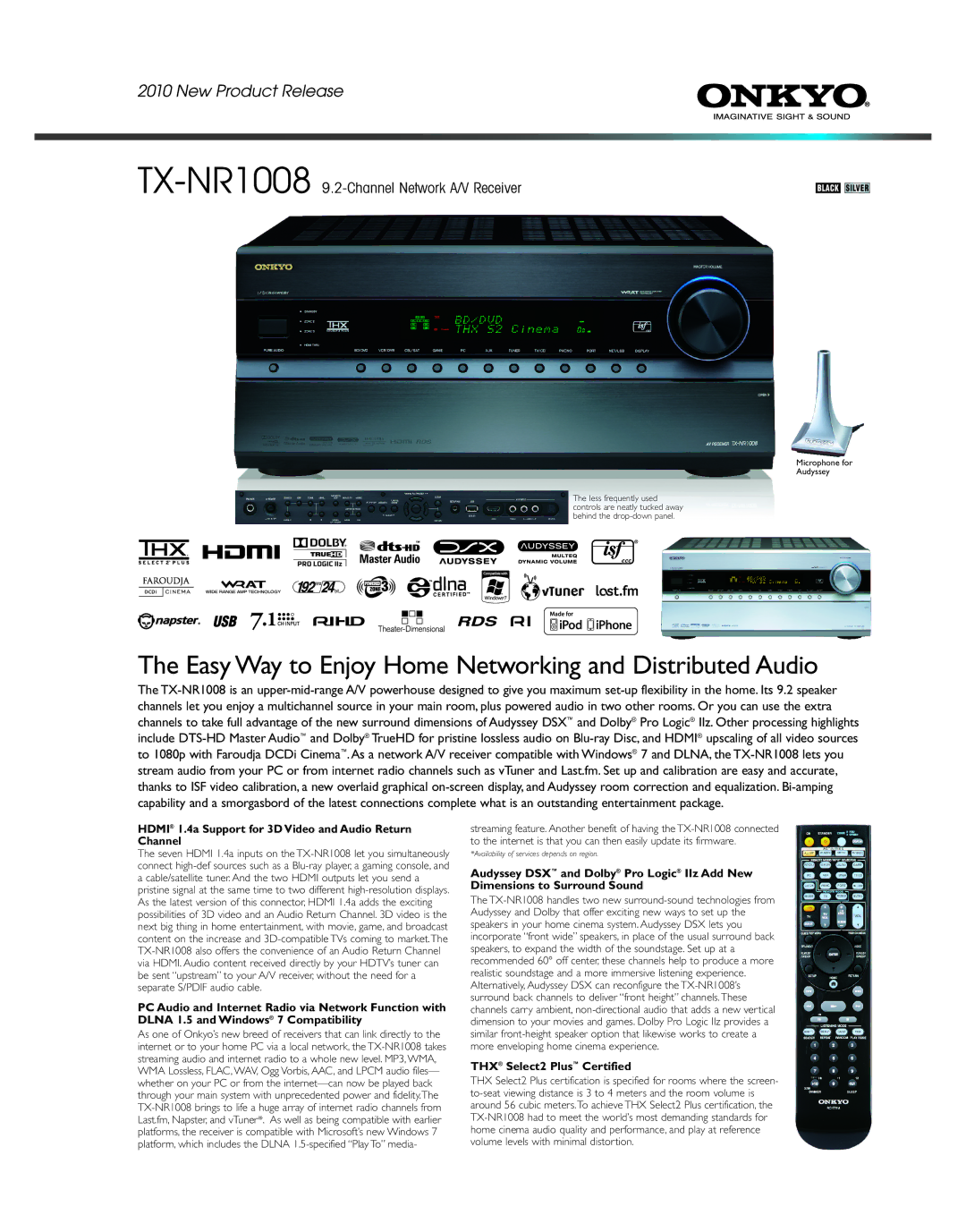 Onkyo TXNR1008 dimensions Hdmi 1.4a Support for 3D Video and Audio Return Channel, THX Select2 Plus Certified 