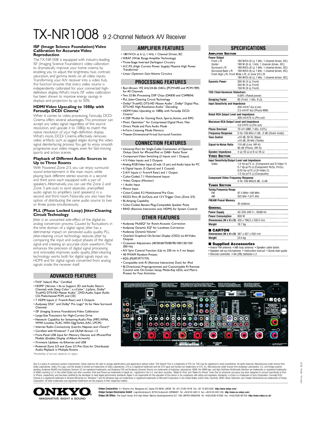 Onkyo TXNR1008 dimensions Advanced Features, Amplifier Features, Processing Features, Connection Features, Other Features 