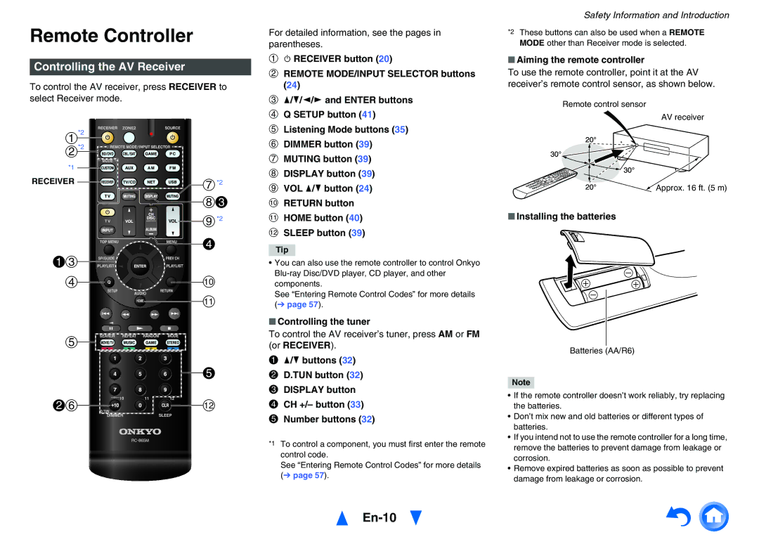 Onkyo TXNR525 instruction manual Remote Controller, En-10, Controlling the AV Receiver 