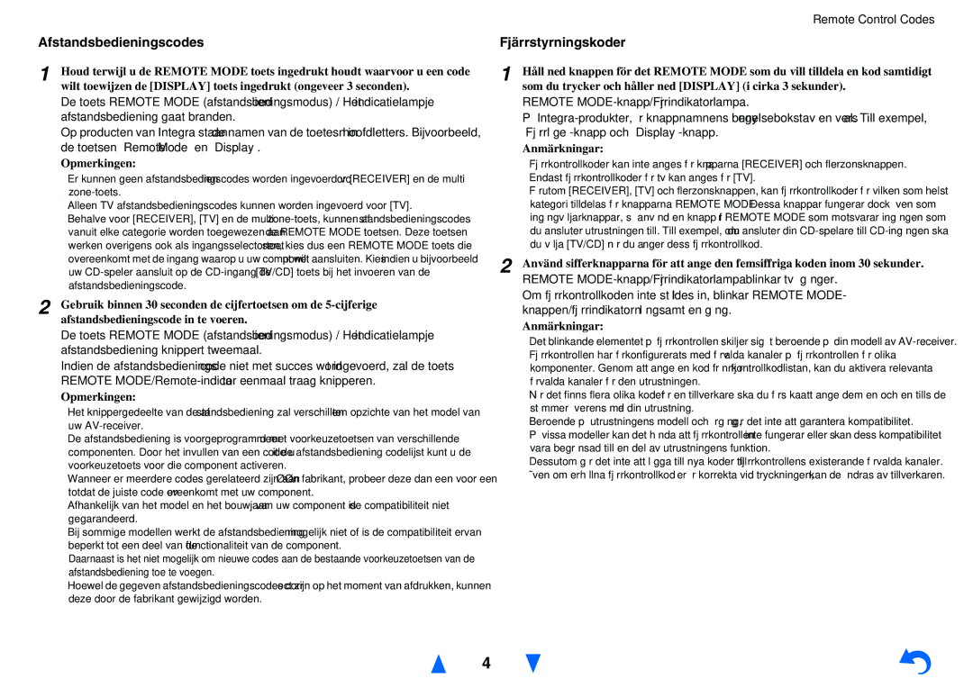 Onkyo TXNR525 instruction manual Afstandsbedieningscodes, Fjärrstyrningskoder 