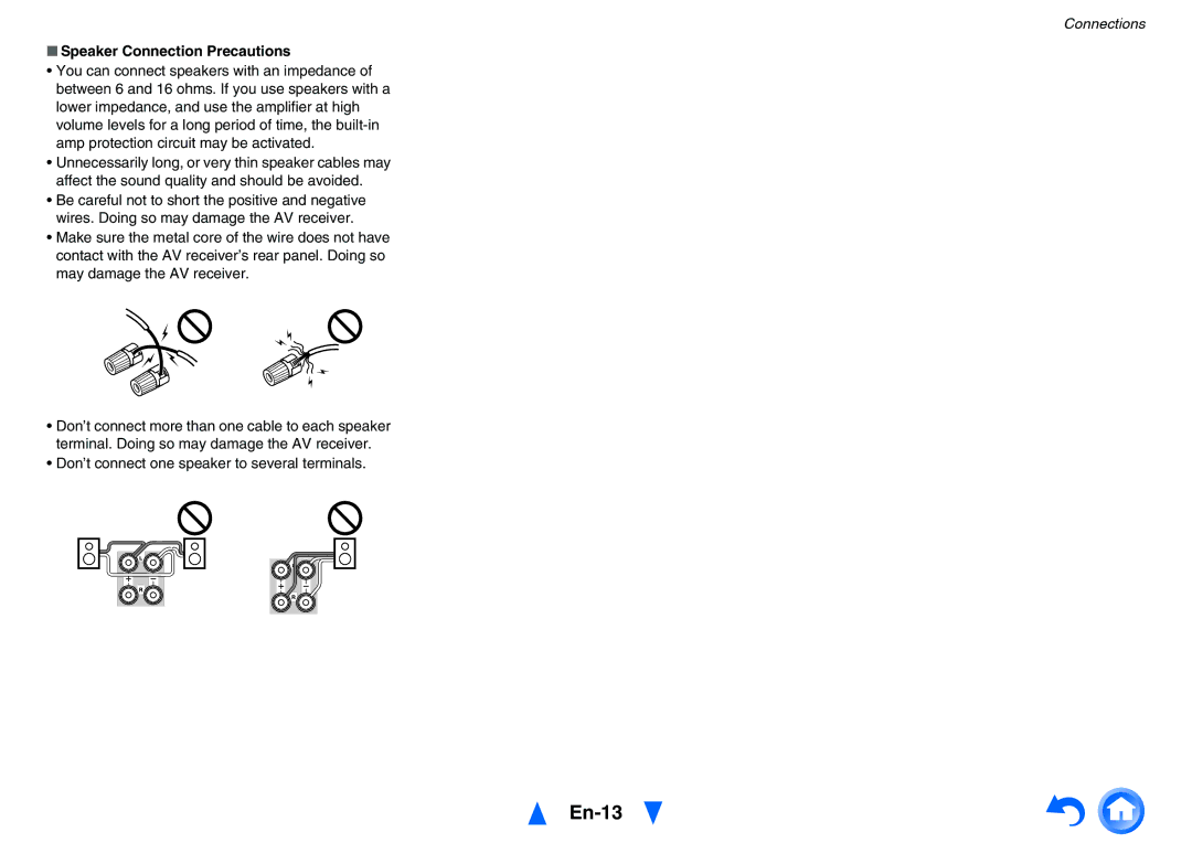 Onkyo TXNR525 instruction manual En-13, Speaker Connection Precautions, Don’t connect one speaker to several terminals 