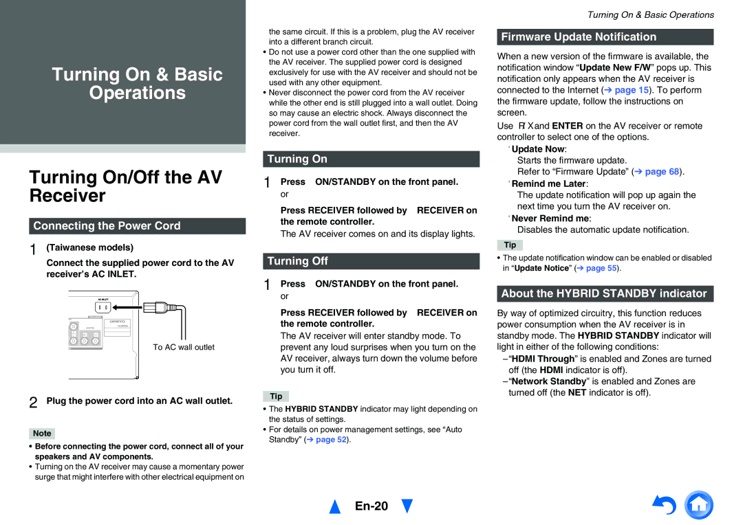 Onkyo TXNR525 instruction manual Turning On/Off the AV Receiver, En-20 