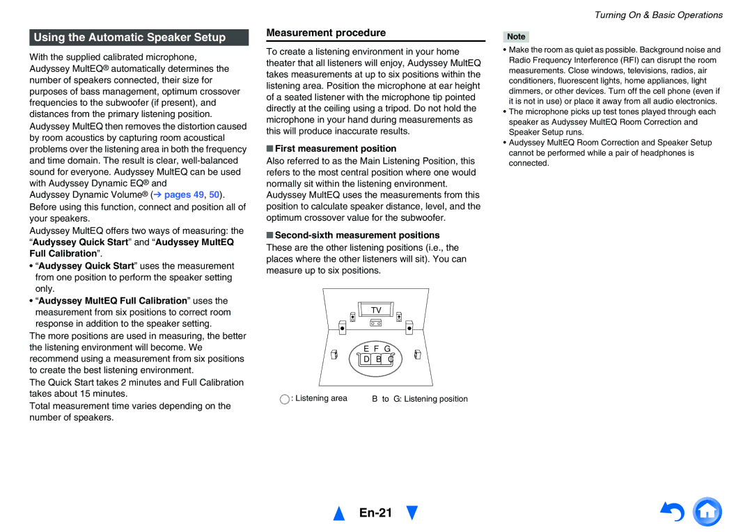 Onkyo TXNR525 En-21, Using the Automatic Speaker Setup, Measurement procedure, First measurement position 