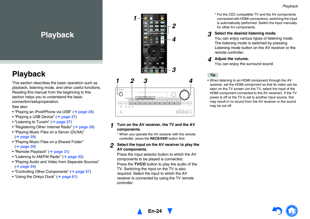 Onkyo TXNR525 Playback, En-24, Turn on the AV receiver, the TV and the AV components, Select the desired listening mode 