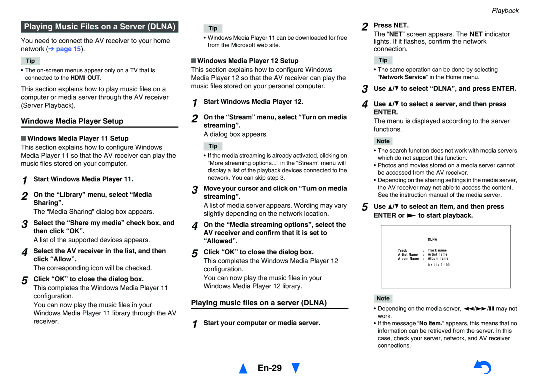 Onkyo TXNR525 instruction manual En-29, Playing Music Files on a Server Dlna, Windows Media Player Setup 