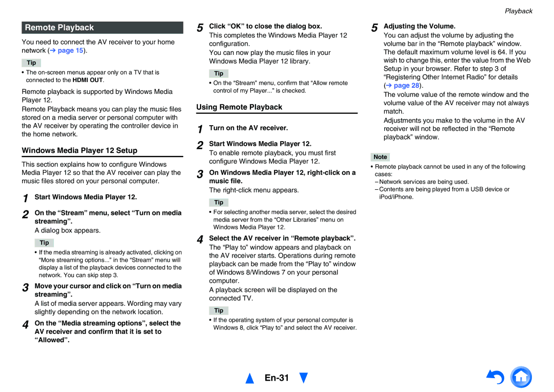 Onkyo TXNR525 instruction manual En-31, Windows Media Player 12 Setup, Using Remote Playback 