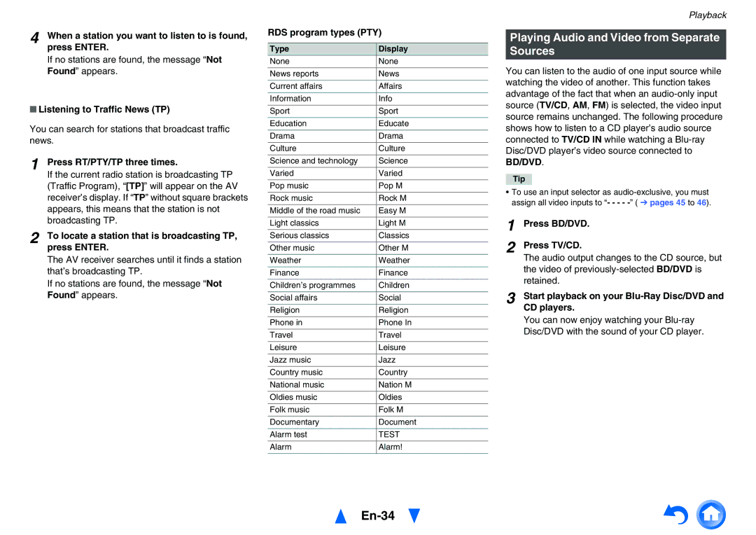 Onkyo TXNR525 instruction manual En-34, Playing Audio and Video from Separate Sources, Bd/Dvd 