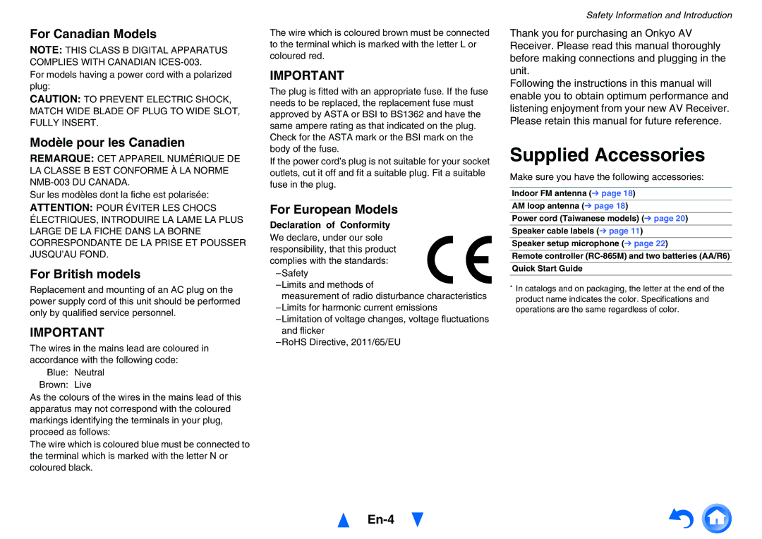 Onkyo TXNR525 instruction manual Supplied Accessories 