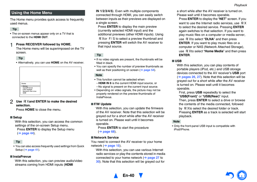 Onkyo TXNR525 instruction manual En-40, Using the Home Menu, Enter USB 