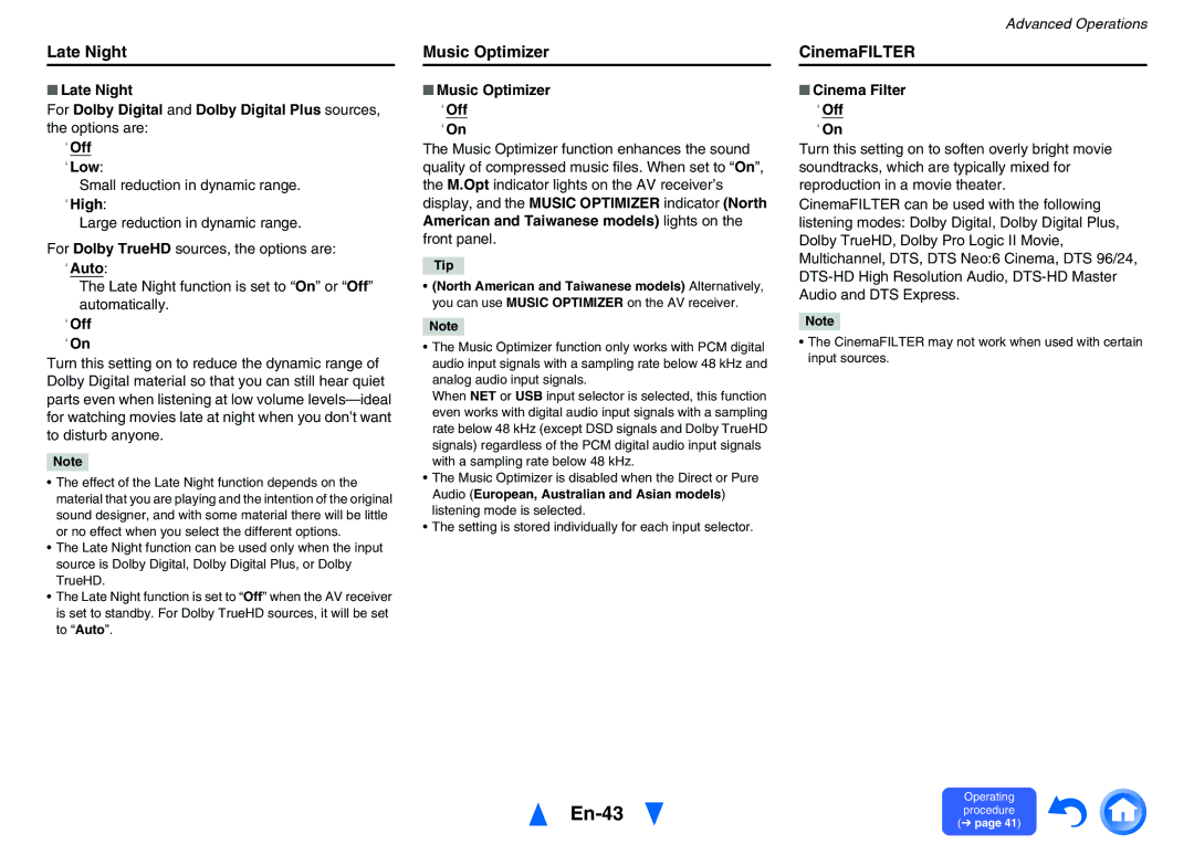 Onkyo TXNR525 instruction manual En-43, Late Night, Music Optimizer, CinemaFILTER 