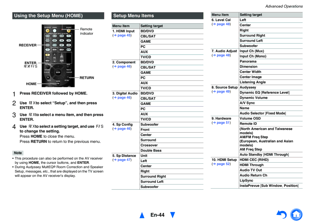 Onkyo TXNR525 instruction manual En-44, Using the Setup Menu Home, Setup Menu Items 