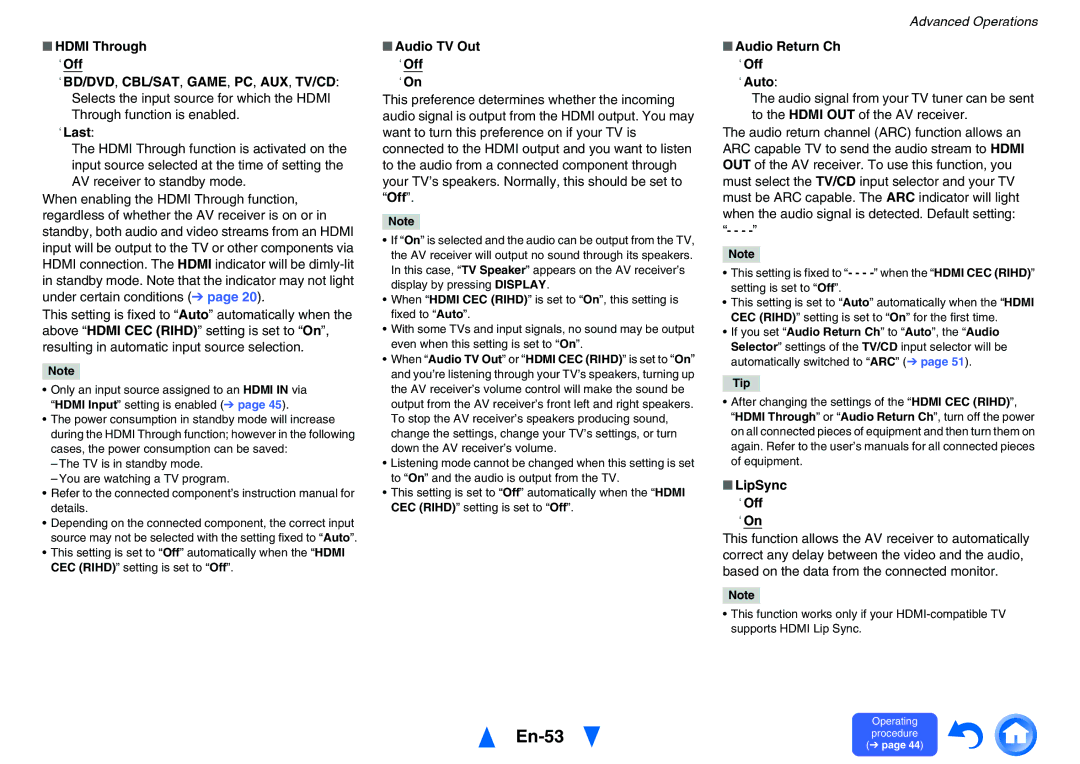 Onkyo TXNR525 instruction manual En-53, Audio TV Out ` Off ` On, Audio Return Ch ` Off ` Auto, LipSync ` Off ` On 