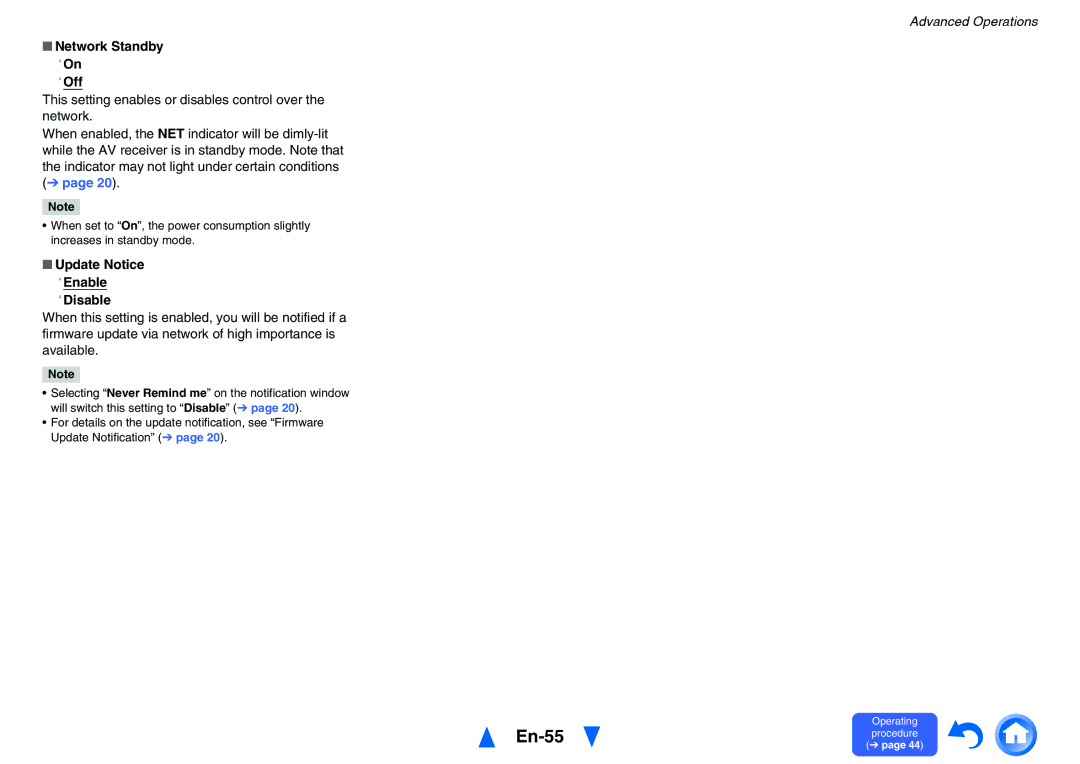 Onkyo TXNR525 instruction manual En-55, Network Standby ` On ` Off, Update Notice ` Enable ` Disable 