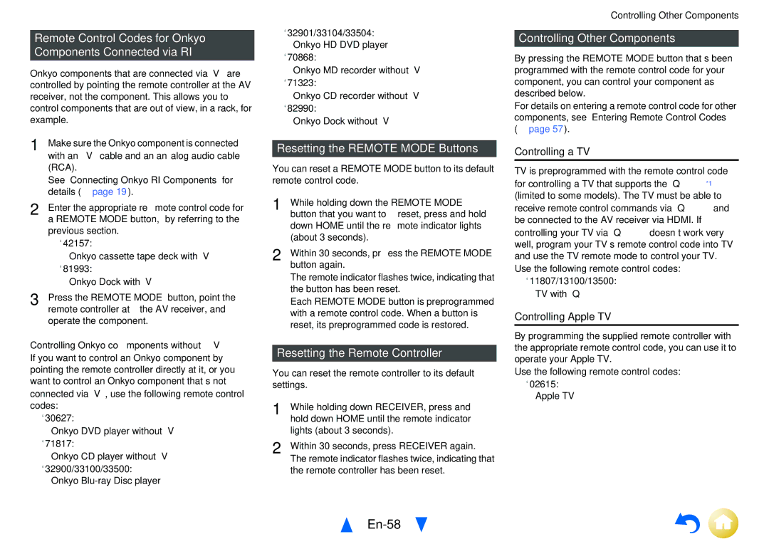 Onkyo TXNR525 En-58, Remote Control Codes for Onkyo Components Connected via RI, Resetting the Remote Mode Buttons 
