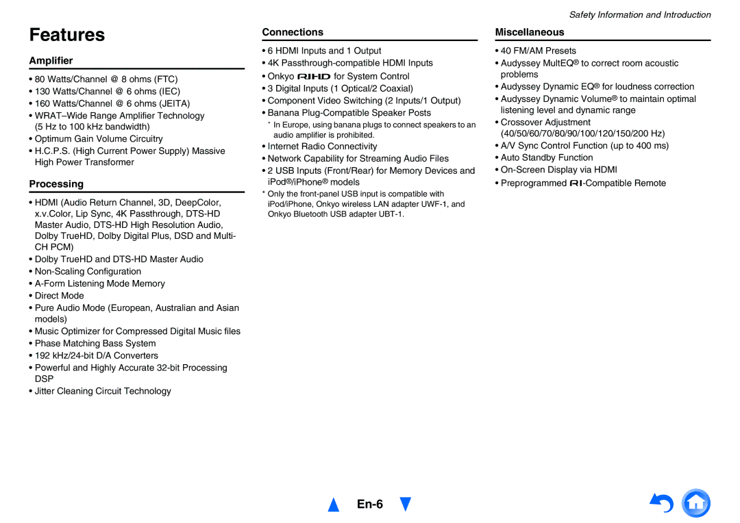 Onkyo TXNR525 instruction manual Features, En-6 