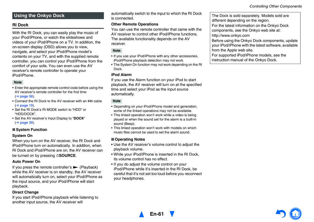 Onkyo TXNR525 instruction manual En-61, Using the Onkyo Dock, RI Dock 