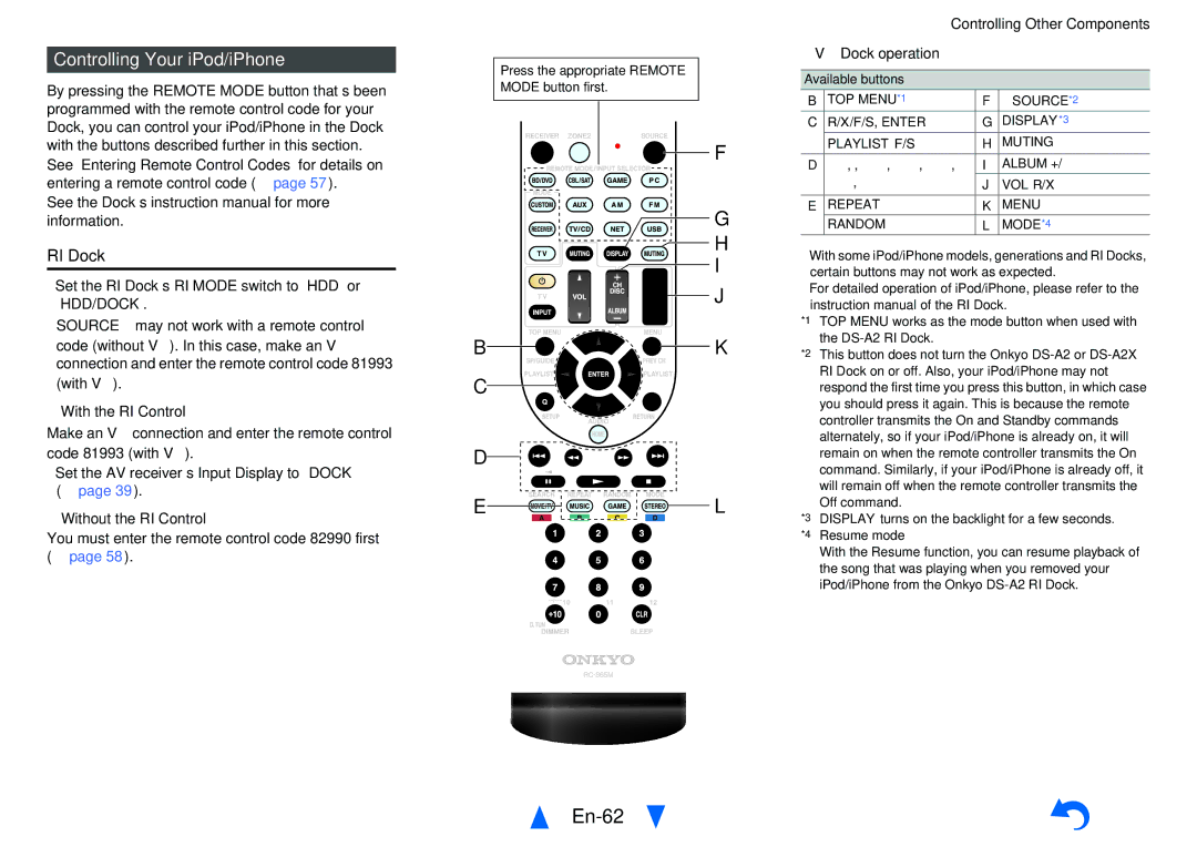 Onkyo TXNR525 En-62, Controlling Your iPod/iPhone, With the RI Control, Without the RI Control, UDock operation 