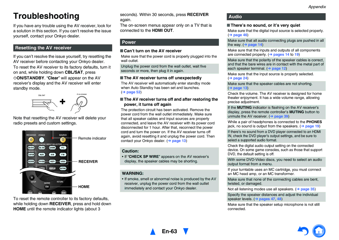 Onkyo TXNR525 instruction manual Troubleshooting, En-63, Resetting the AV receiver, Power, Audio 