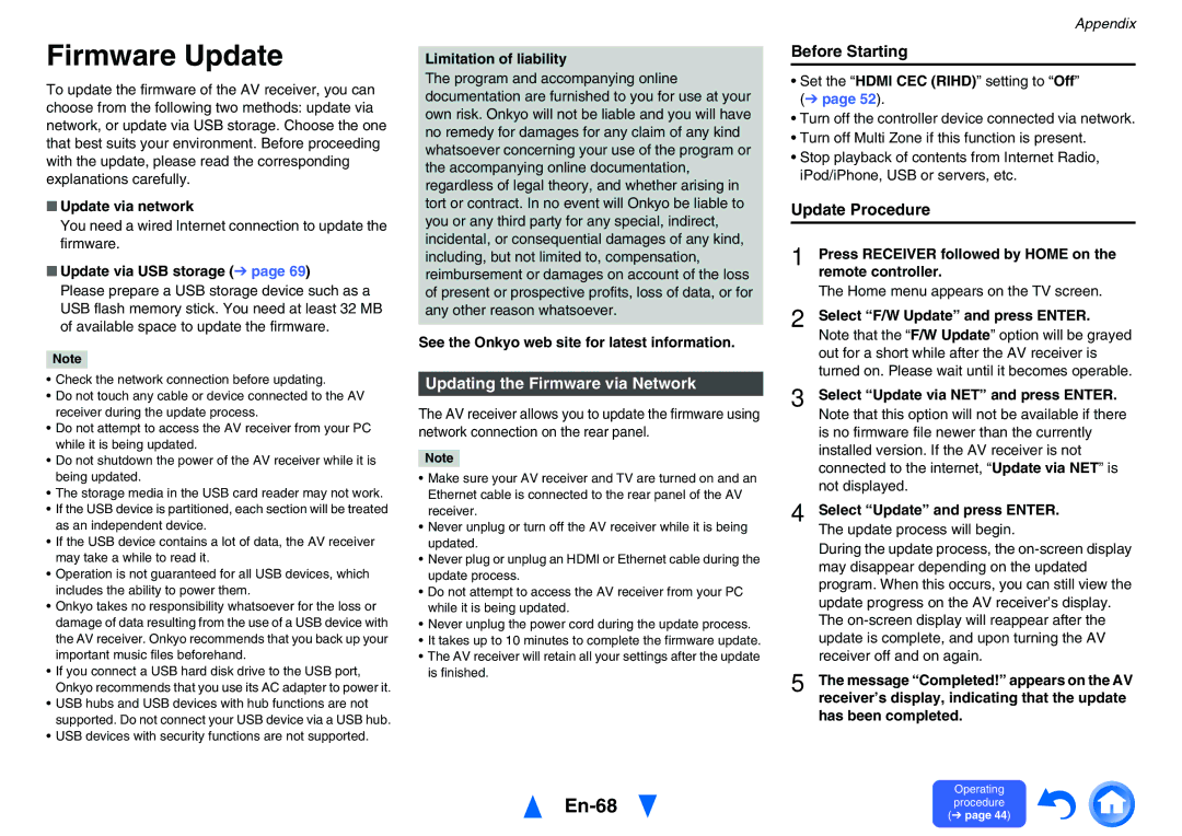 Onkyo TXNR525 Firmware Update, En-68, Updating the Firmware via Network, Before Starting, Update Procedure 