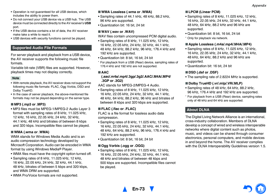 Onkyo TXNR525 instruction manual En-73, Supported Audio File Formats, About Dlna 