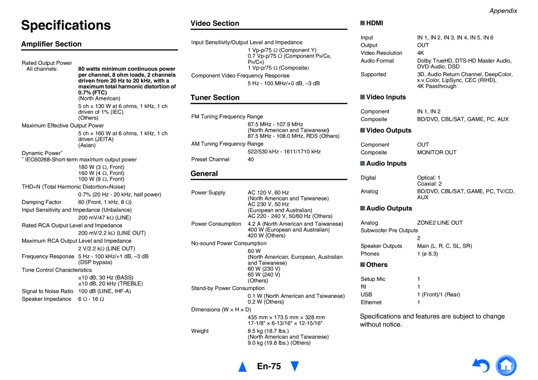 Onkyo TXNR525 instruction manual Specifications, En-75 