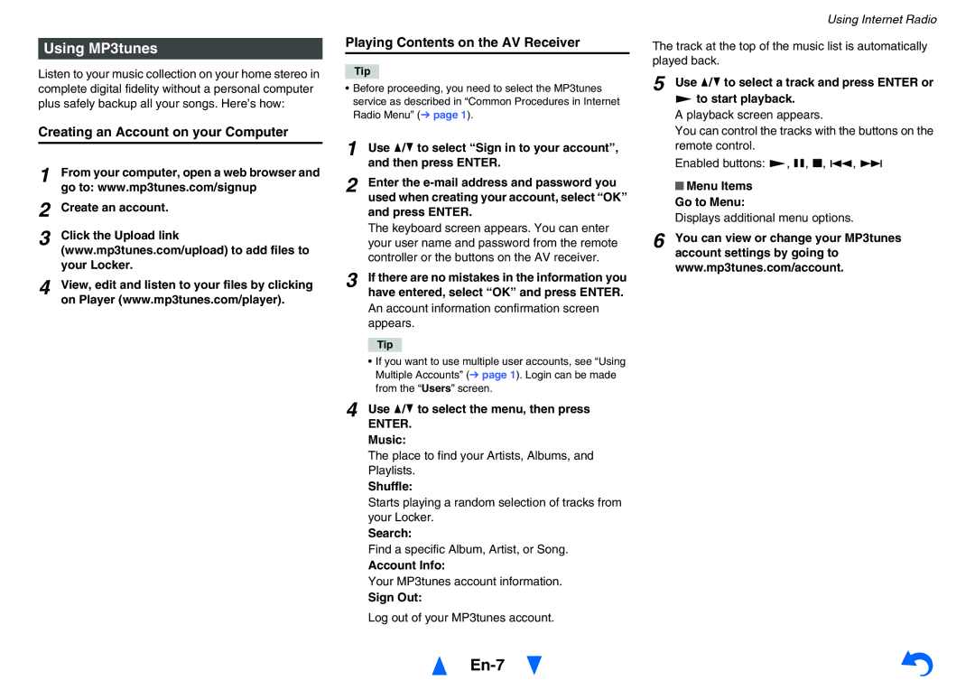 Onkyo TXNR525 instruction manual Using MP3tunes, Creating an Account on your Computer, Playing Contents on the AV Receiver 