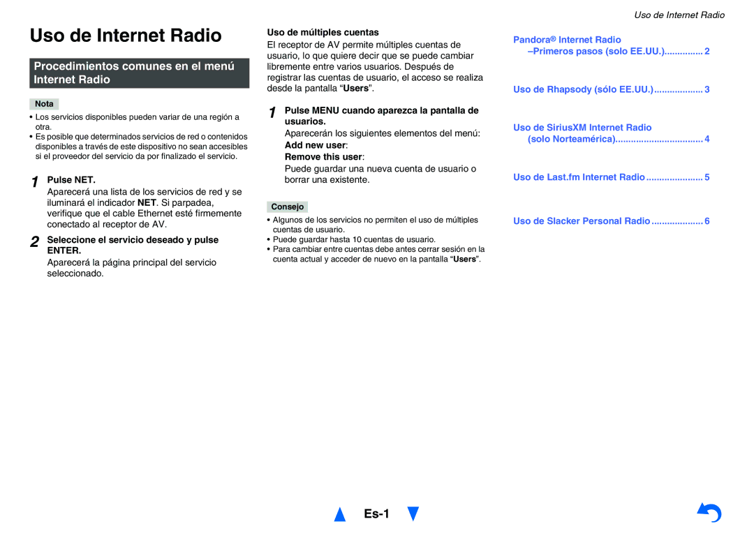Onkyo TXNR525 instruction manual Uso de Internet Radio, Es-1, Procedimientos comunes en el menú Internet Radio 