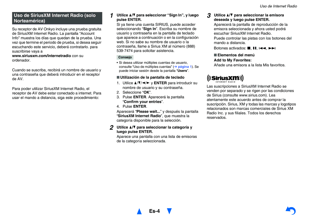 Onkyo TXNR525 Es-4, Uso de SiriusXM Internet Radio solo Norteamérica, Elementos del menú Add to My Favorites 