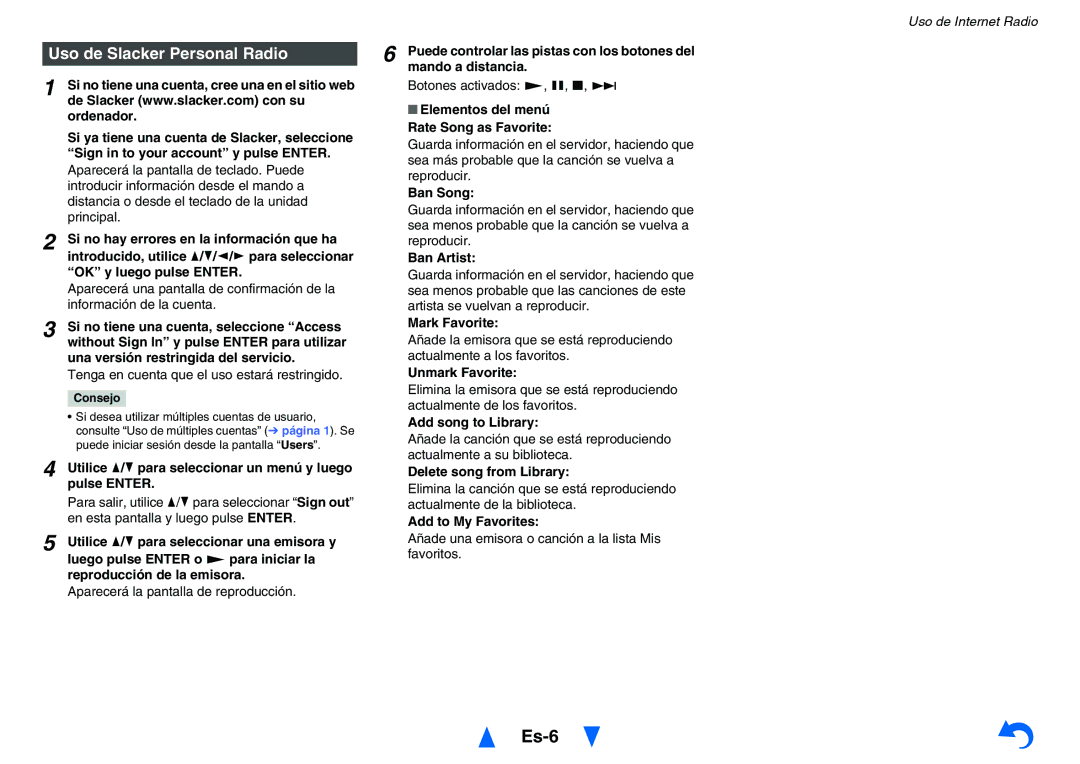 Onkyo TXNR525 instruction manual Es-6, Uso de Slacker Personal Radio 